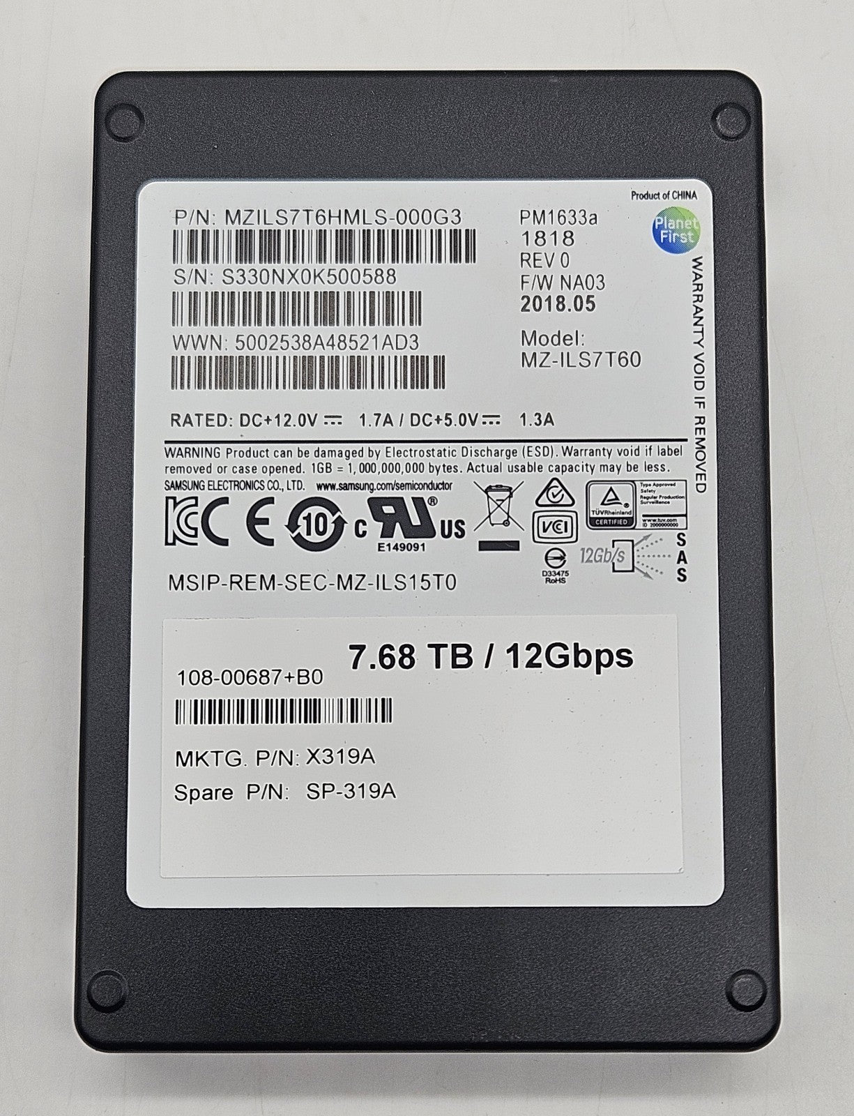NetApp 7.68TB TLC SAS 12Gbps 2.5" SSD SP-319A X319A PM1633a MZ-ILS7T605