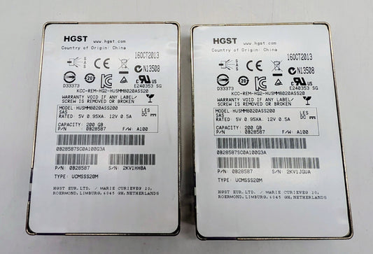 LOT OF 2 Hitachi Ultrastar 200GB SAS 12Gbps Edurance 2.5" SSD HUSMM8020ASS2000