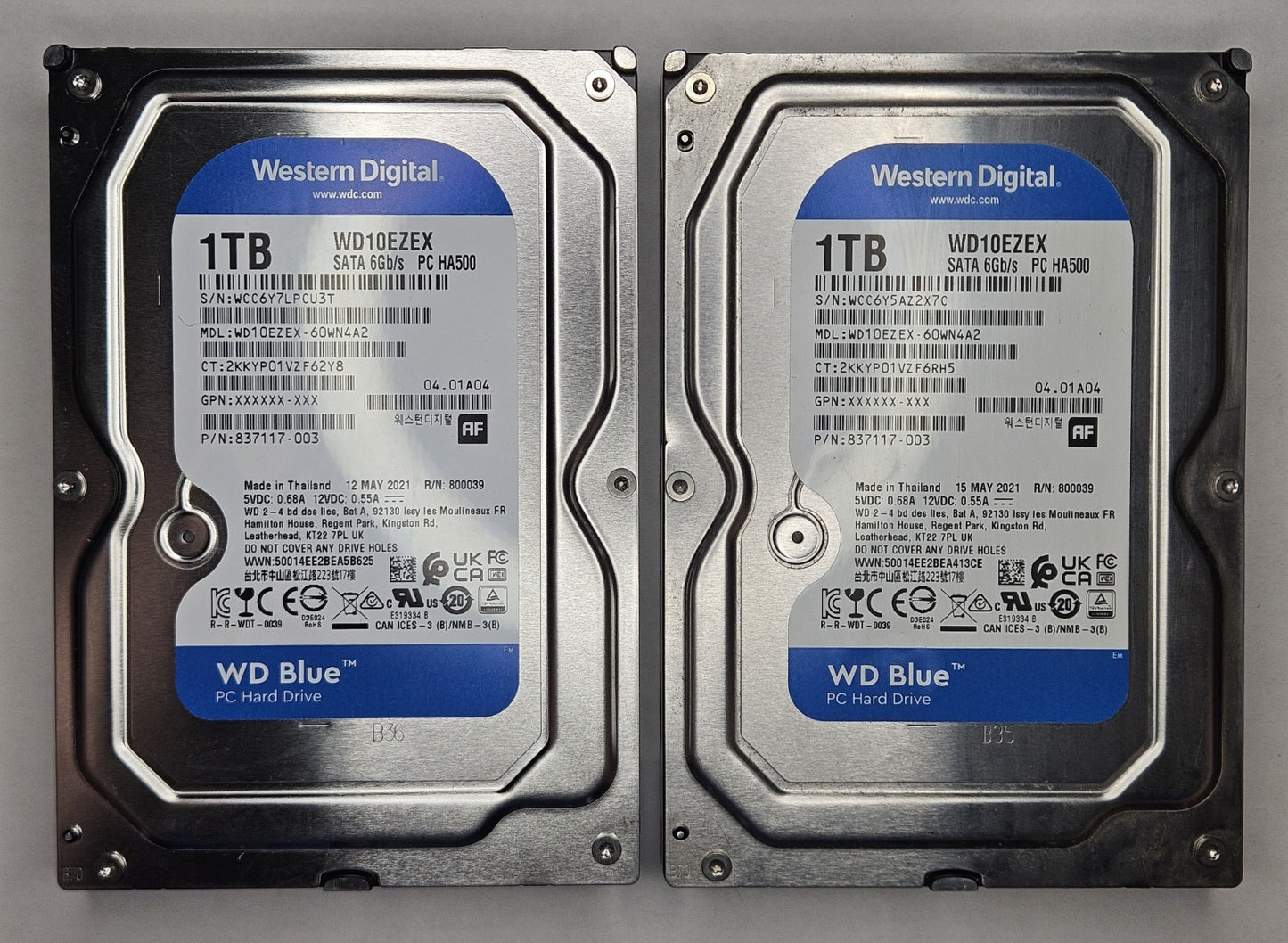 LOT OF 2 Western Digital Blue 1TB 7.2K RPM SATA 6Gbps 3.5" Hard Drive WD10EZEX0