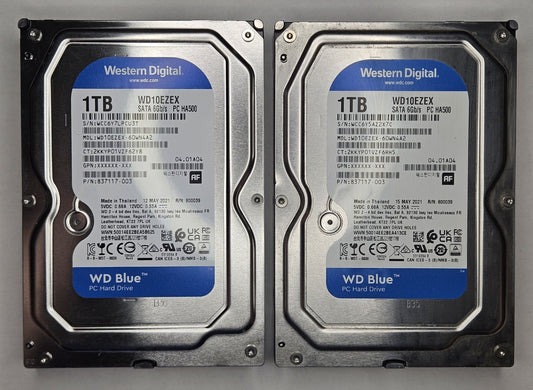 LOT OF 2 Western Digital Blue 1TB 7.2K RPM SATA 6Gbps 3.5" Hard Drive WD10EZEX0