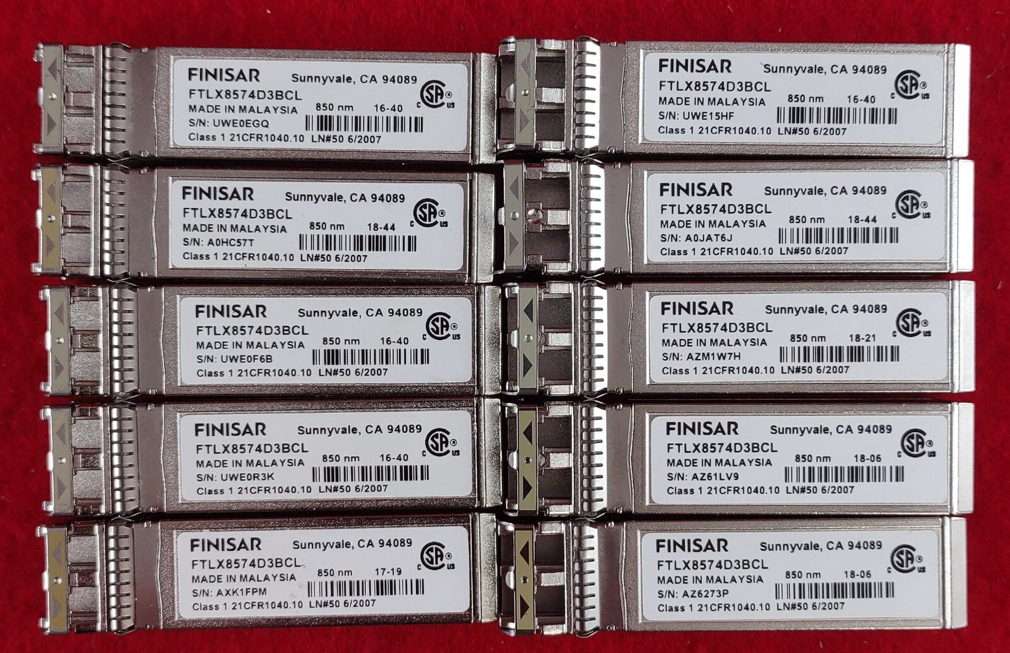 LOT OF 10 Finisar 10GB BASE-SR 850nm MMF SFP+ Transceivers FTLX8574D3BCL0