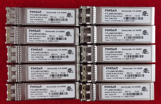 LOT OF 10 Finisar 10GB BASE-SR 850nm MMF SFP+ Transceivers FTLX8574D3BCL0