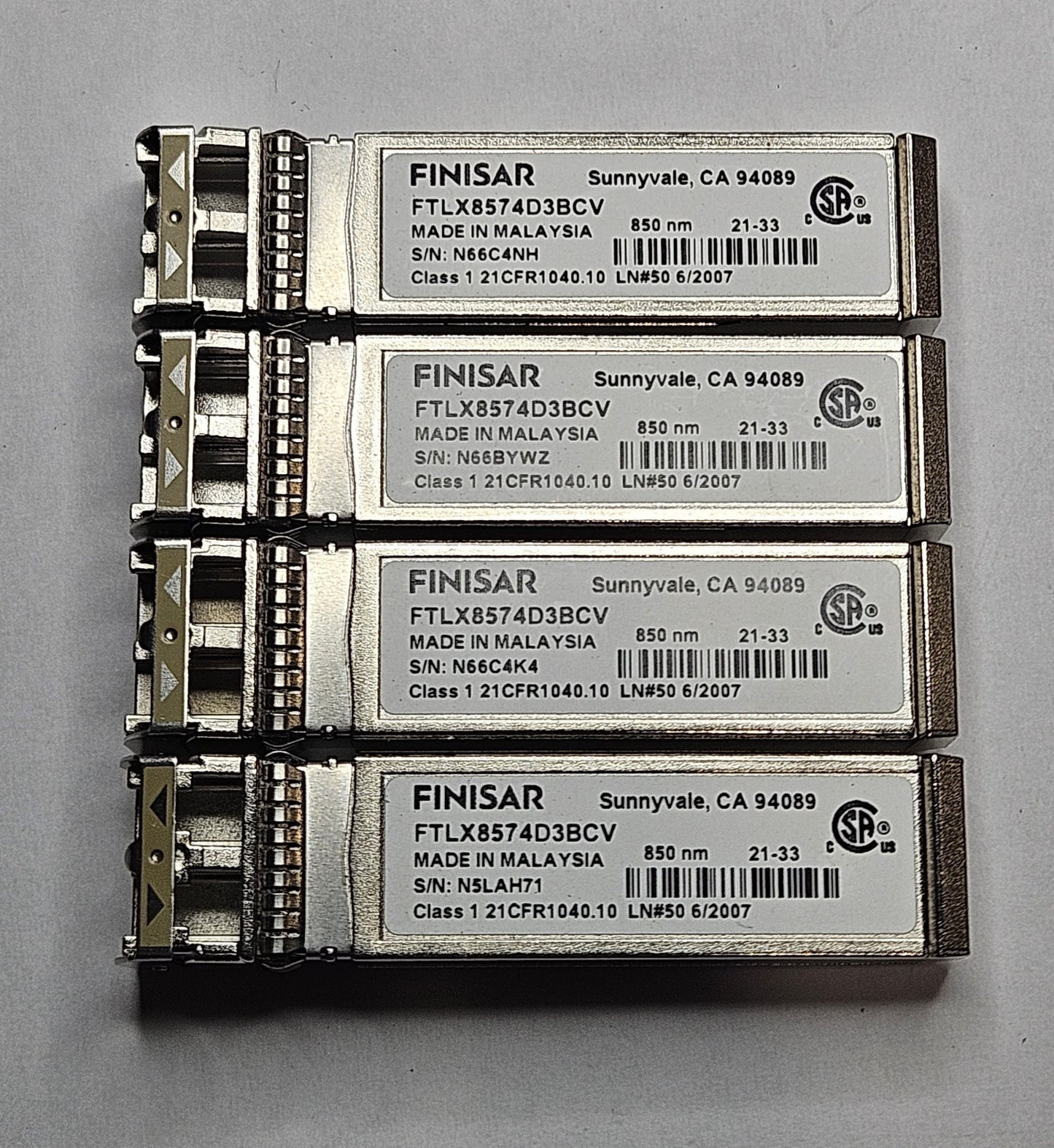 LOT OF 4 Finisar 10GB-SR MMF 300m 850nm Duplex LC SFP+ Transceiver FTLX8574D3BCV0