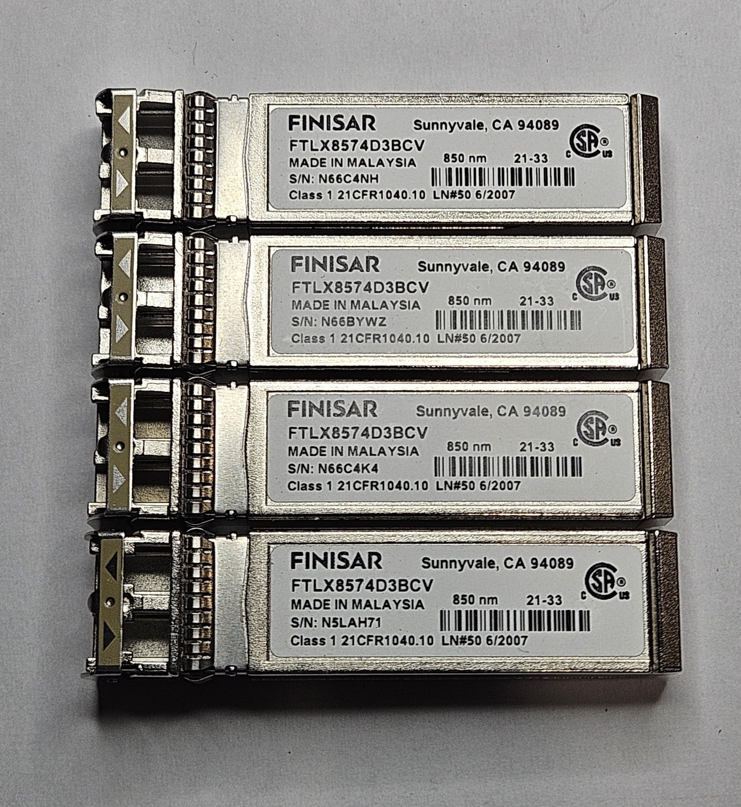 LOT OF 4 Finisar 10GB-SR MMF 300m 850nm Duplex LC SFP+ Transceiver FTLX8574D3BCV0