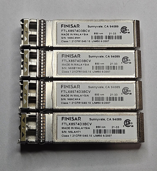 LOT OF 4 Finisar 10GB-SR MMF 300m 850nm Duplex LC SFP+ Transceiver FTLX8574D3BCV0