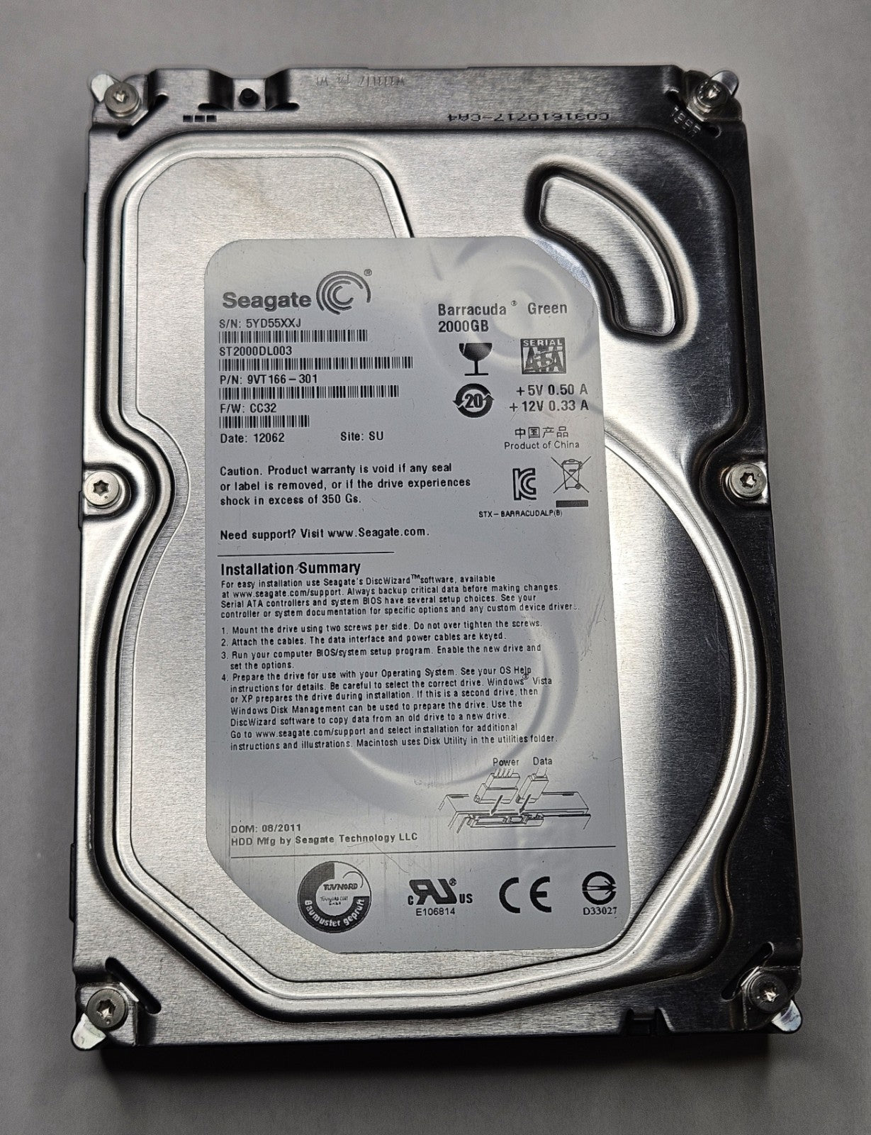 Seagate Barracuda Green 2TB 5900RPM SATA 6Gbps 64MB 3.5" Hard Drive ST2000DL0031