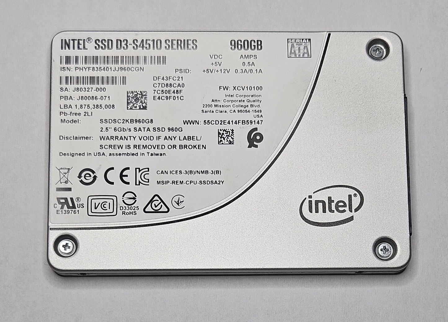 Intel D3-S4510 960GB TLC SATA 6Gbps (AES-256 / PLP) 2.5" SSD SSDSC2KB960G81