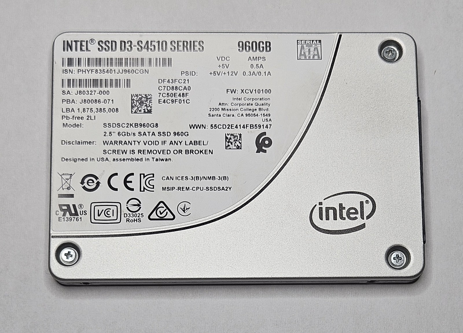 Intel D3-S4510 960GB TLC SATA 6Gbps (AES-256 / PLP) 2.5" SSD SSDSC2KB960G81