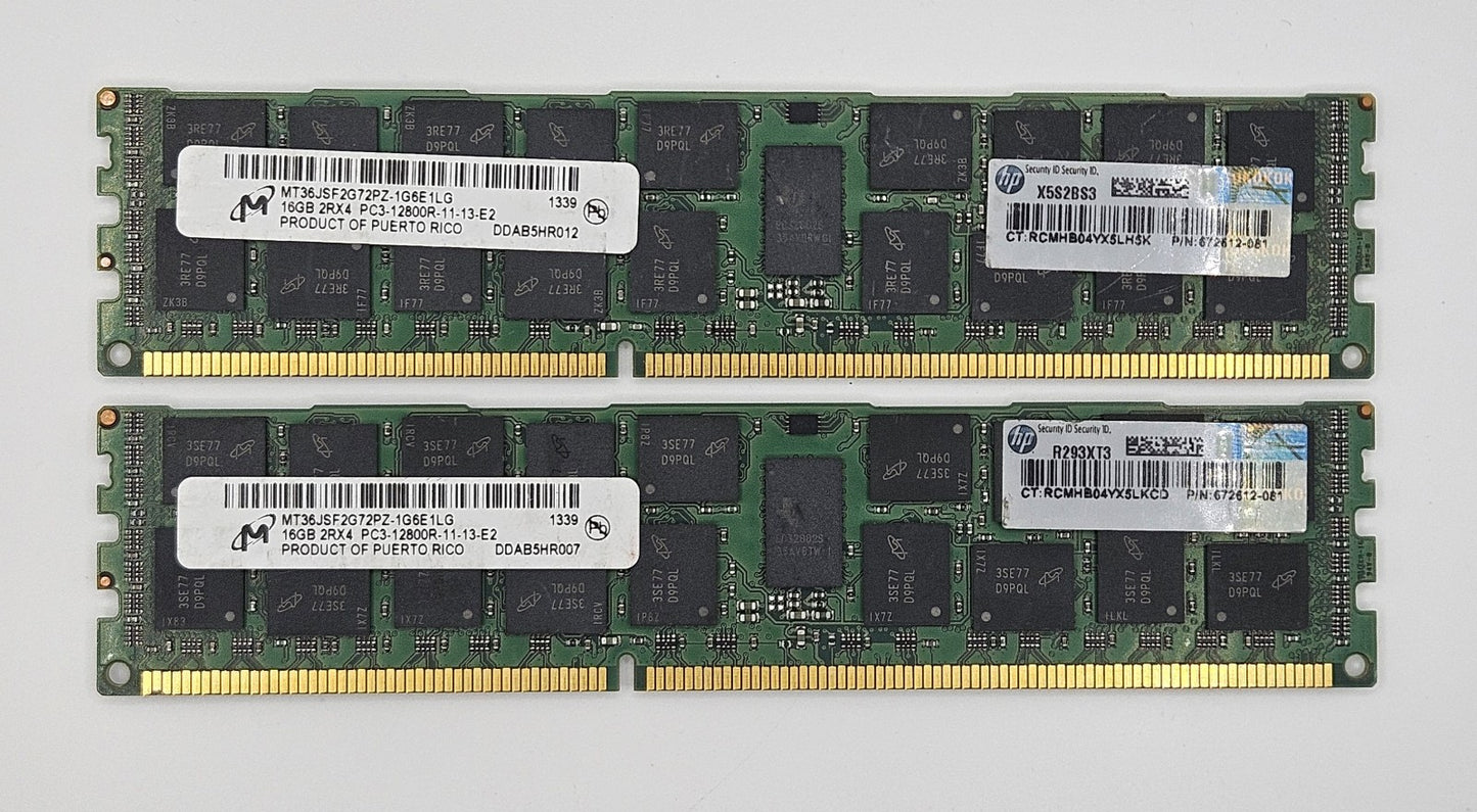 LOT OF 2 Micron 16GB PC3-12800 DDR3-1600 ECC REG Server RAM MT36JSF2G72PZ-1G6E10