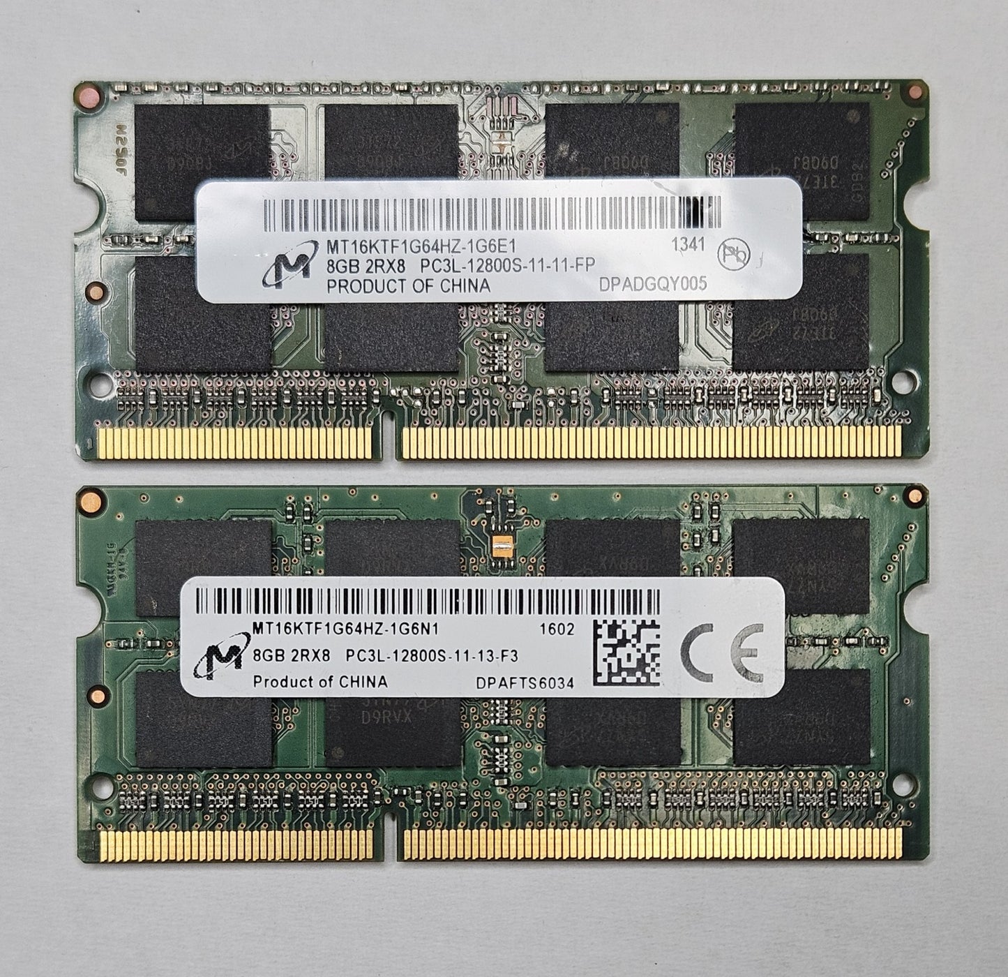 LOT OF 2 Micron 8GB PC3-12800 DDR3-1600MHz SoDimm Laptop RAM MT16KTF1G64HZ-1G6N10