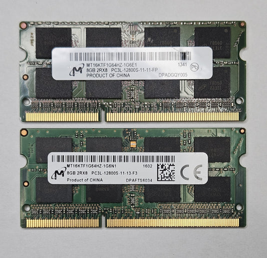 LOT OF 2 Micron 8GB PC3-12800 DDR3-1600MHz SoDimm Laptop RAM MT16KTF1G64HZ-1G6N10