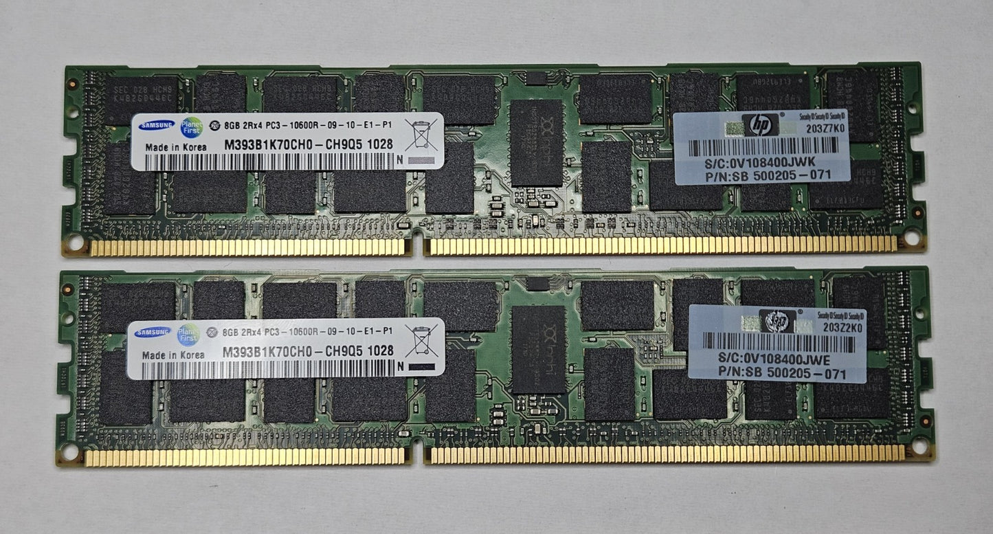 LOT OF 2 Samsung 8GB PC3-10600 DDR3-1333MHz ECC REG Server RAM M393B1K70CH0-CH90
