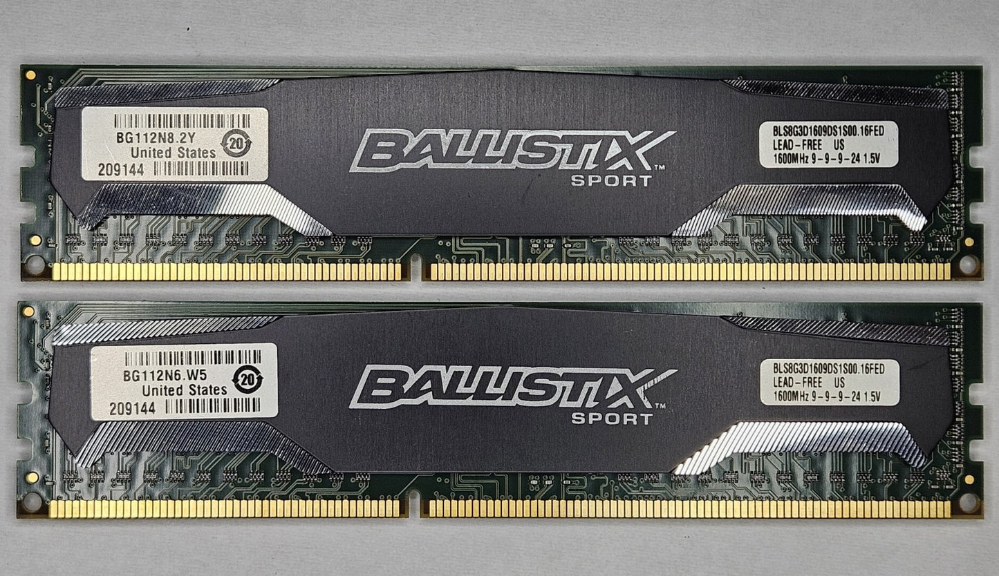 LOT OF 2 Crucial 8GB PC3-12800 DDR3-1600MHz Desktop RAM BLS8G3D1609DS1S00.16FED0