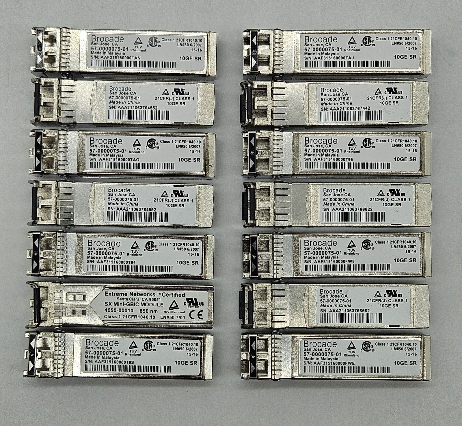 LOT OF 14 Brocade 10GBase-SR MMF 300m 850nm Duplex LC SFP 57-0000075-010