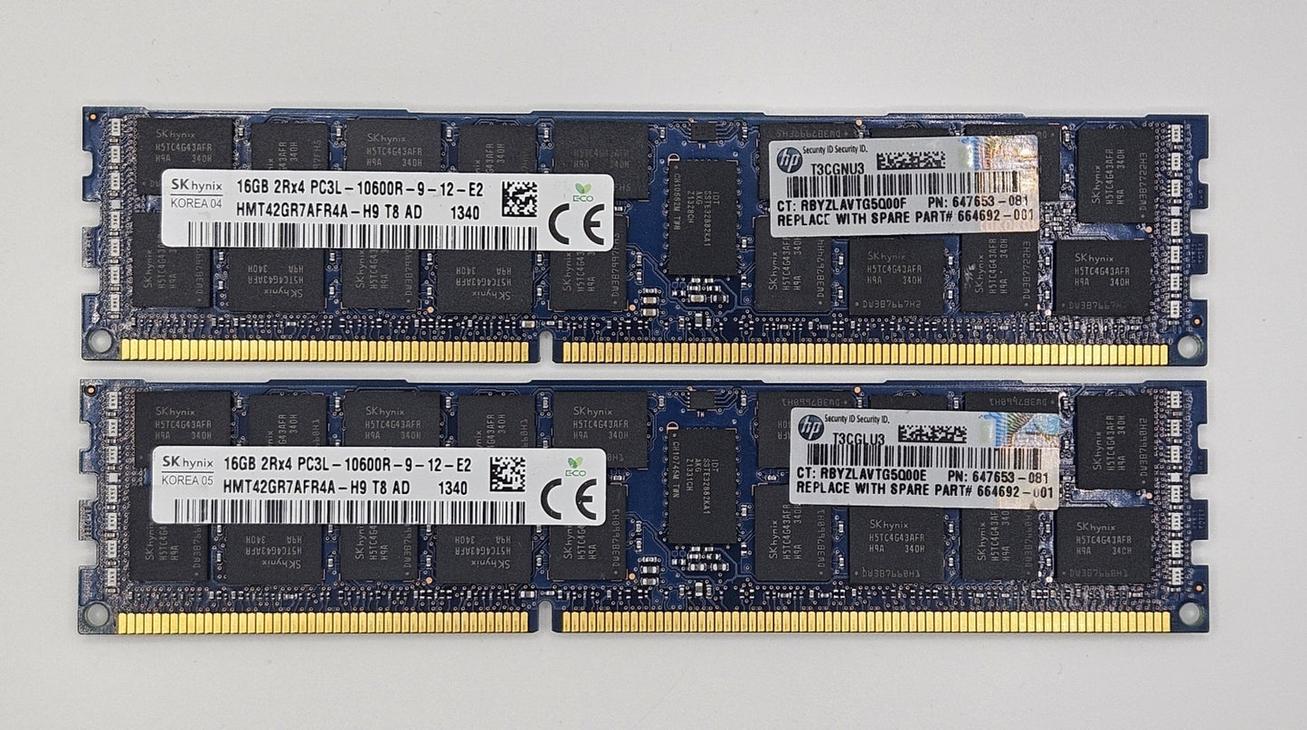 LOT OF 2 Hynix 16GB PC3-10600 DDR3-1333MHz ECC REG Server RAM HMT42GR7AFR4A-H90
