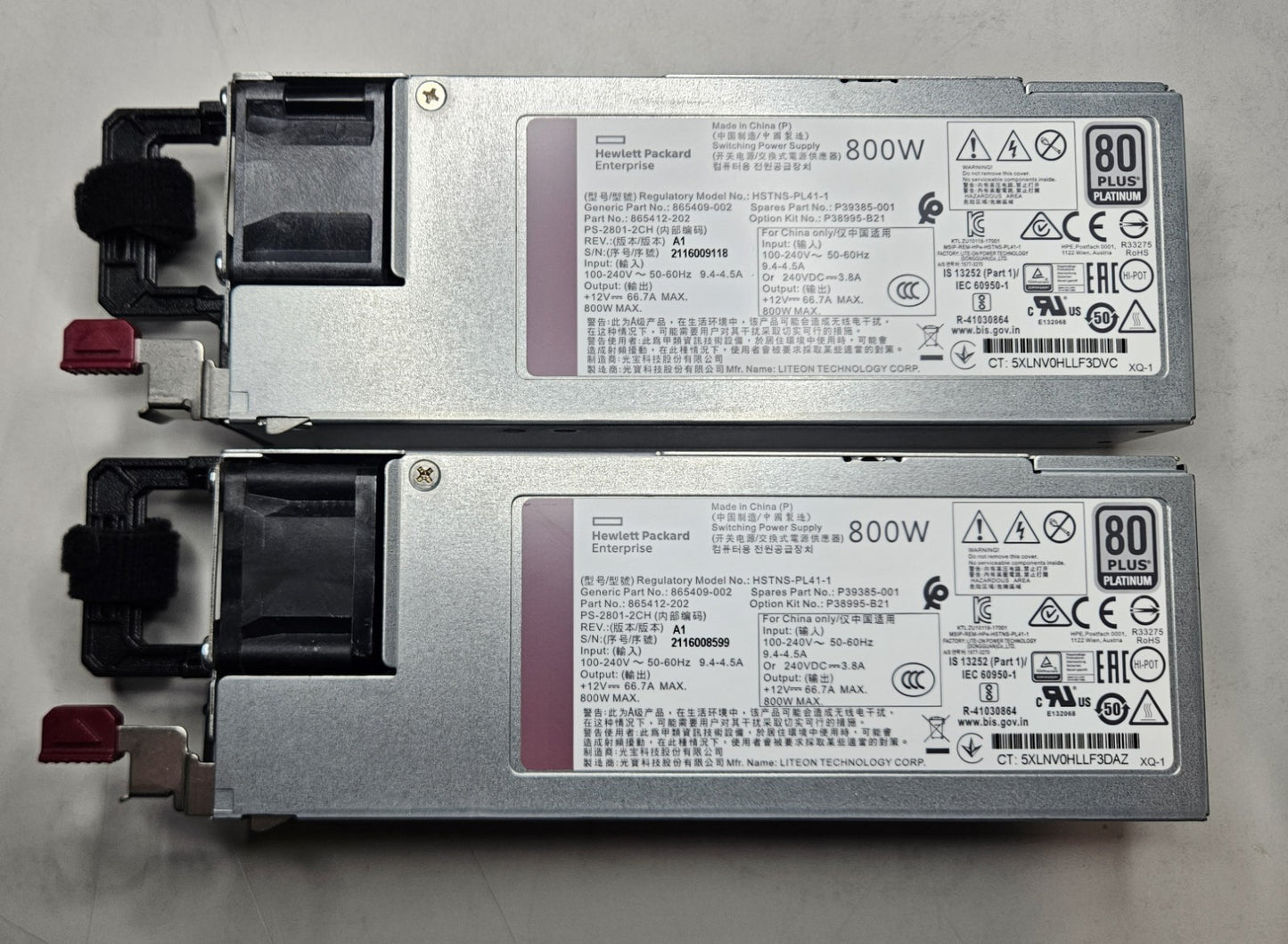 LOT OF 2 HP 800W Flex Slot 80 Plus Platinum Hot Plug Power Supply P39385-0010