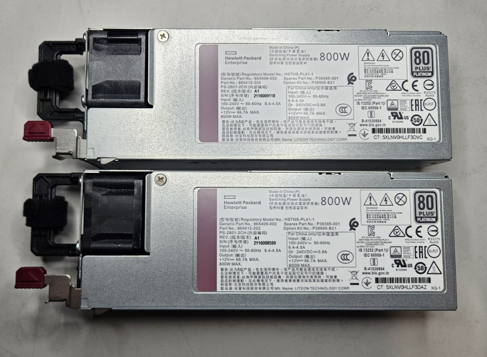 LOT OF 2 HP 800W Flex Slot 80 Plus Platinum Hot Plug Power Supply P39385-0010