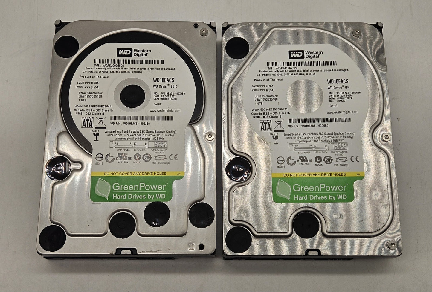 LOT OF 2 Western Digital Green 1TB 7200RPM SATA 3Gbps 3.5" Hard Drive WD10EACS0