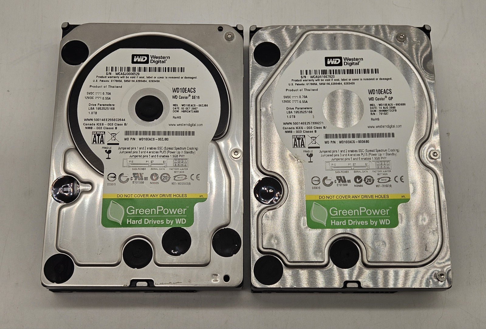 LOT OF 2 Western Digital Green 1TB 7200RPM SATA 3Gbps 3.5" Hard Drive WD10EACS0