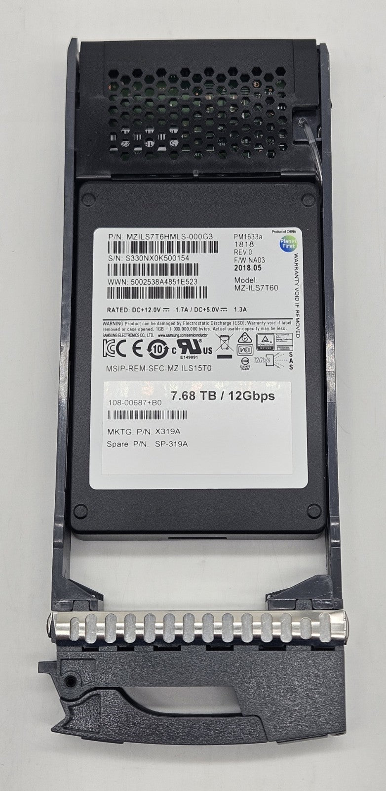 NetApp 7.68TB TLC SAS 12Gbps 2.5" SSD SP-319A X319A PM1633a MZ-ILS7T601